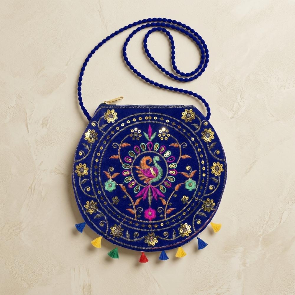 Ethnic Peacock Sling Bag For Wedding & Festival - Color: Blue