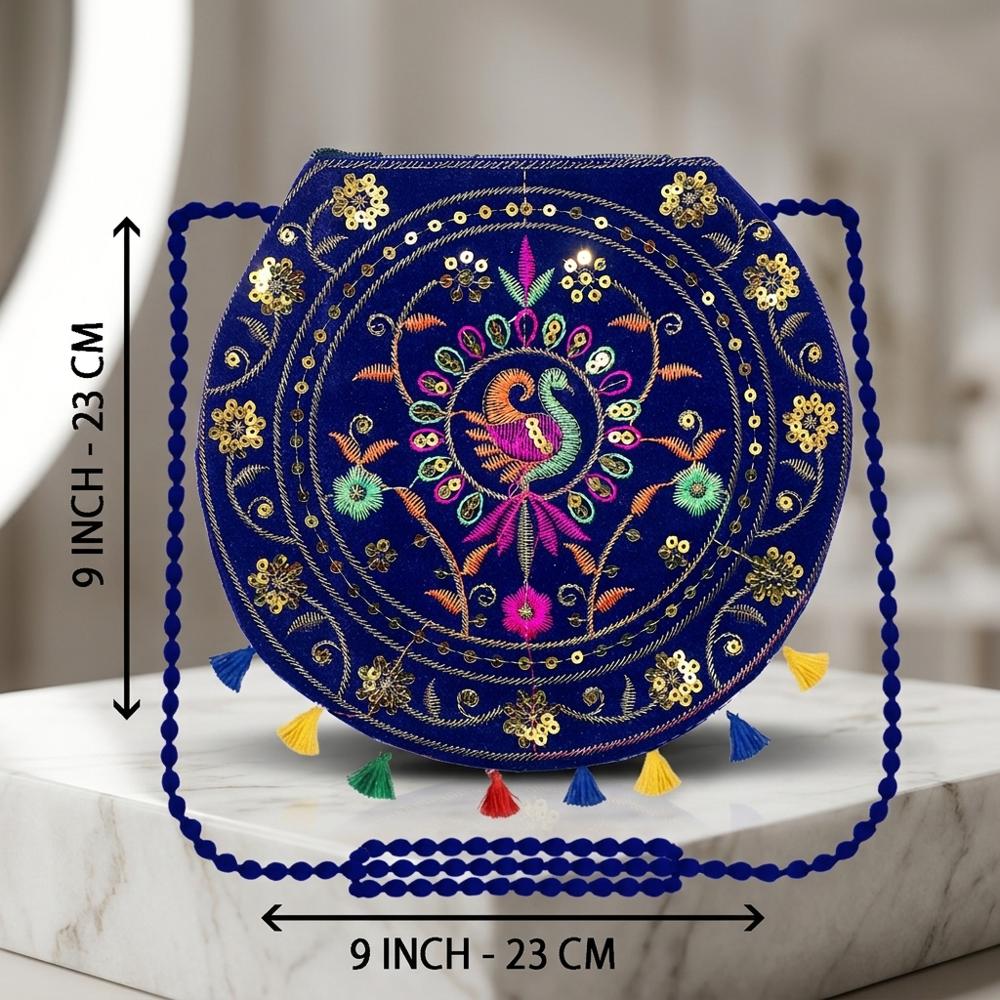 Peacock Embroidered Designer Sling Purse - Color: Blue