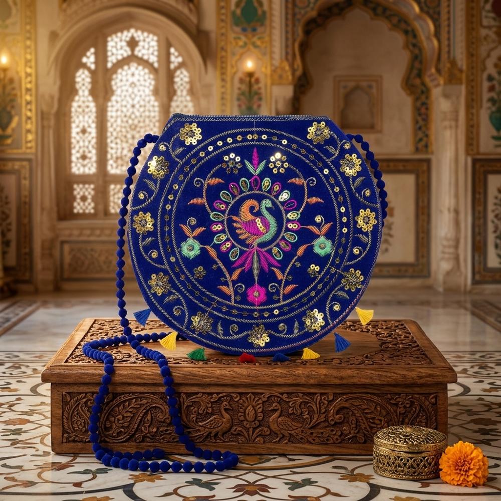 Traditional Ethnic Peacock Crossbody Bag - Color: Blue
