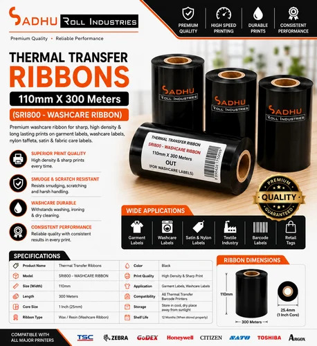 Thermal Transfer Ribbons 110Mm X 300 Meters (Sri800 - Washcare Ribbon) - Water Resistant: No
