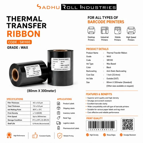 Thermal Transfer Ribbons 80mm X 300 Meters (SRI100 - WAX)
