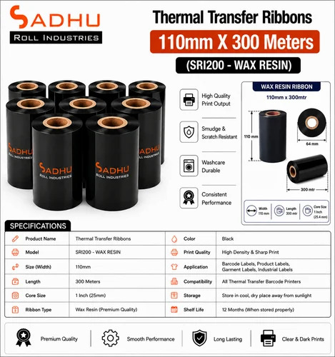 Thermal Transfer Ribbons 110Mm X 300 Meters (Sri200 - Wax Resin) - Water Resistant: No