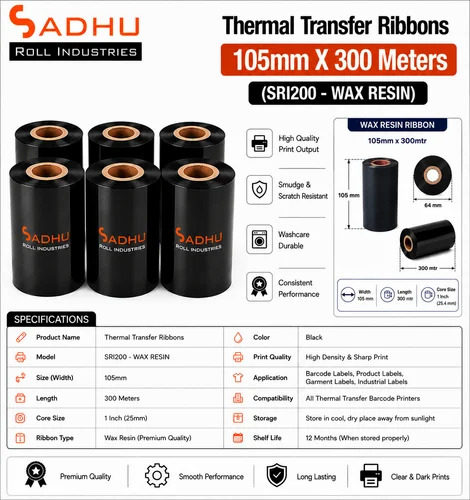 Thermal Transfer Ribbons 105Mm X 300 Meters (Sri200 - Wax Resin) - Color: Black