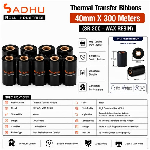 Thermal Transfer Ribbons 40Mm X 300 Meters (Sri200 - Wax Resin) - Color: Black