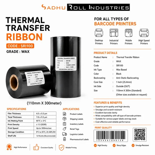 Thermal Transfer Ribbons 110Mm X 300 Meters (Sri100 - Wax) - Water Resistant: No