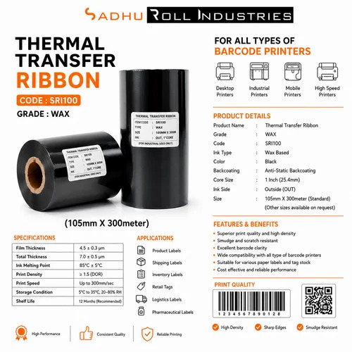 Thermal Transfer Ribbons 105mm X 300 Meters (SRI100 - WAX)