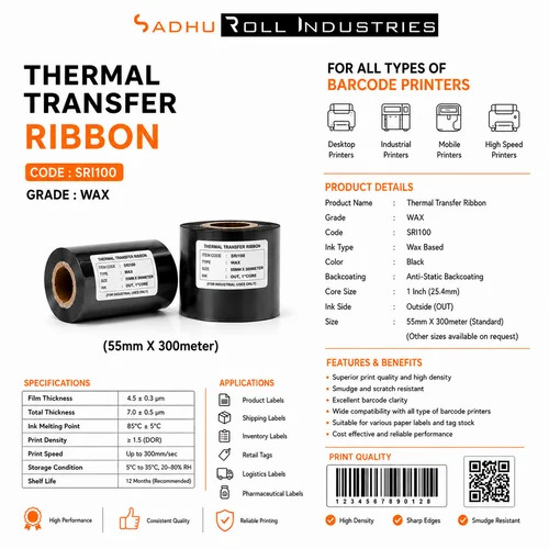 Thermal Transfer Ribbons 55mm X 300 Meters (SRI100 - WAX)