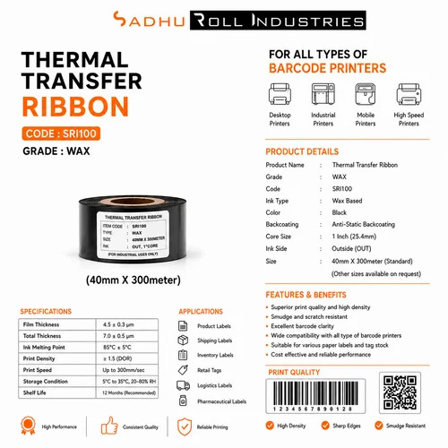 Thermal Transfer Ribbons 40Mm X 300 Meters (Sri100 - Wax) - Water Resistant: No