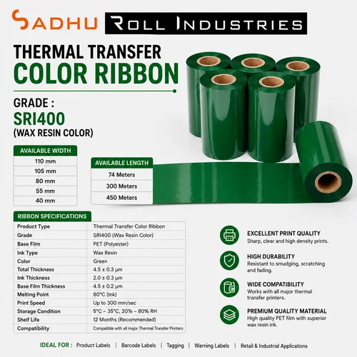 Thermal Transfer Ribbons 110mm X 300 Meters (SRI400 - WAX RESIN COLOR) GREEN