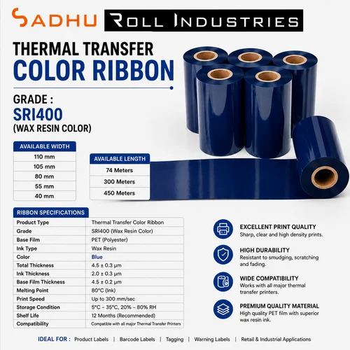 Thermal Transfer Ribbons 110mm X 300 Meters (SRI400 - WAX RESIN COLOR) BLUE