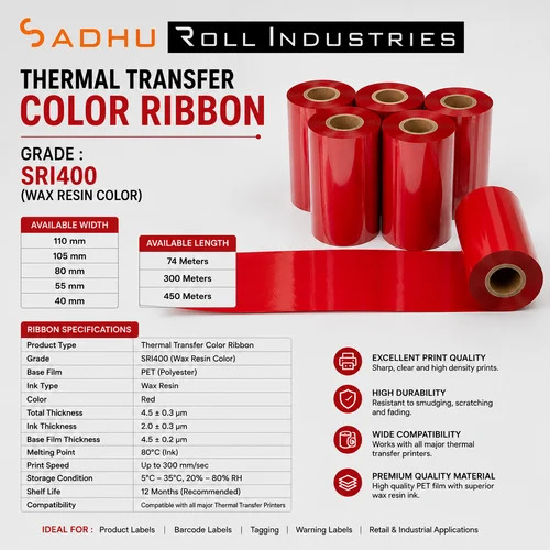 Thermal Transfer Ribbons 110mm X 300 Meters (SRI400 - WAX RESIN COLOR) RED