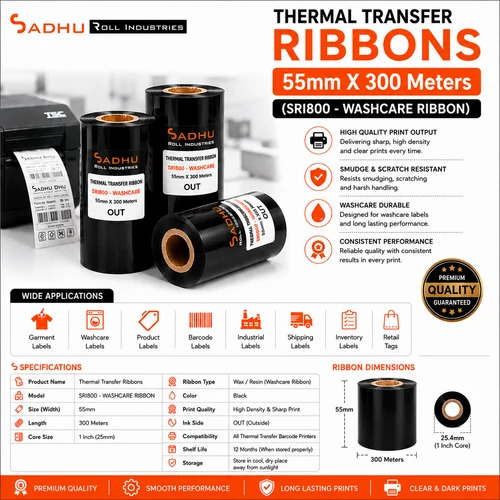 Thermal Transfer Ribbons 55Mm X 300 Meters (Sri800 - Washcare Ribbon) - Water Resistant: No