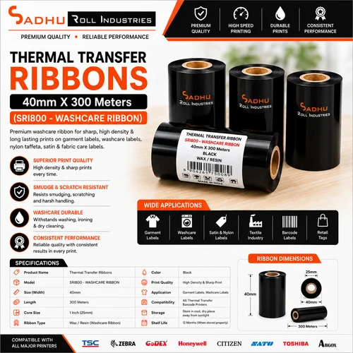 Thermal Transfer Ribbons 40Mm X 300 Meters (Sri800 - Washcare Ribbon) - Water Resistant: No