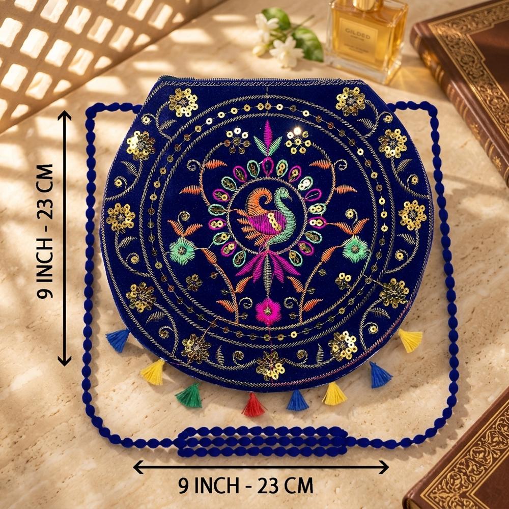 Handcrafted Designer Sling Bag With Tassel Work - Color: Blue