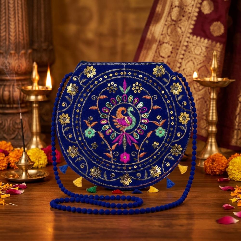 Women Embroidery Shoulder Bag With Beaded Strap - Color: Blue