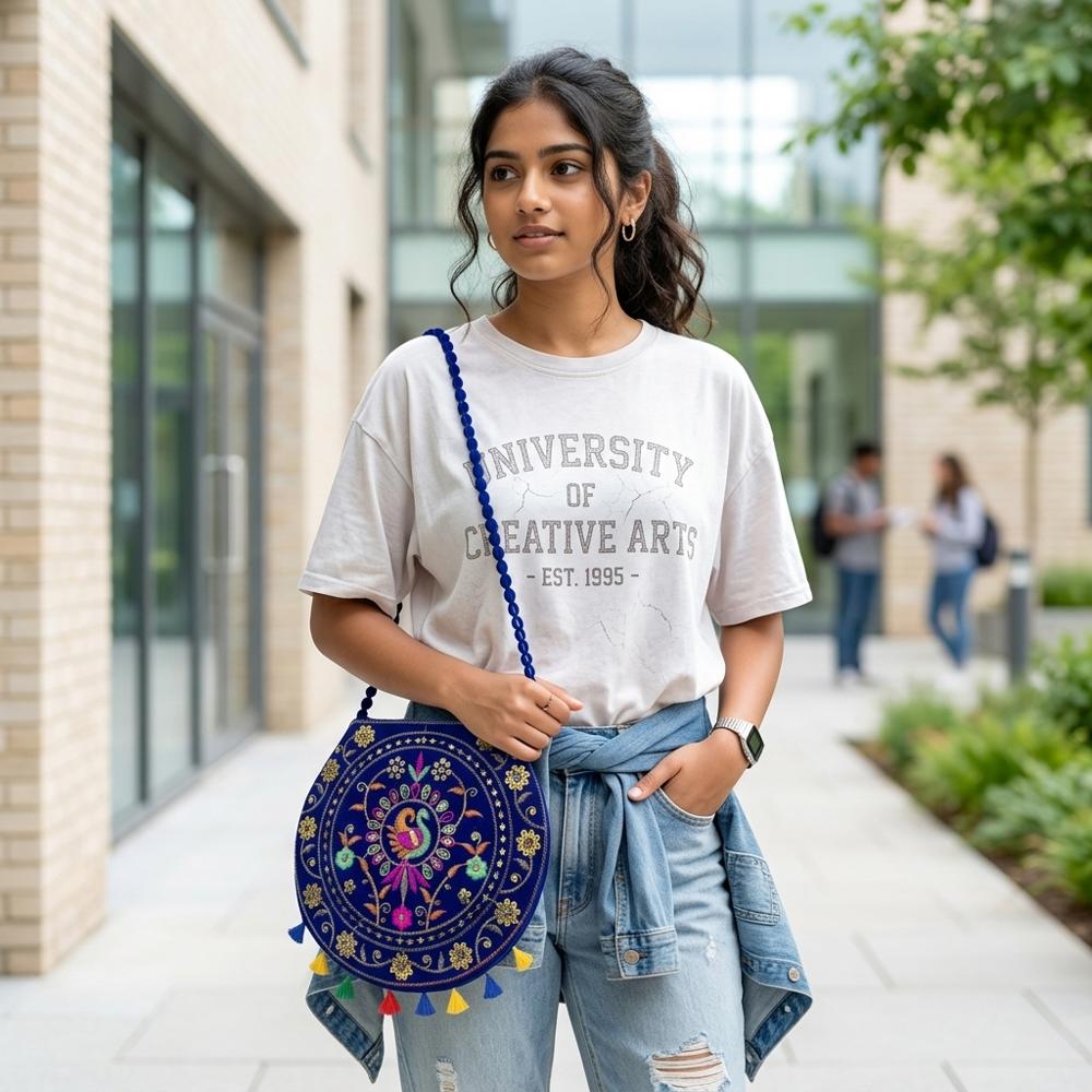 Peacock Embroidered Blue Sling Bag For Women - Design: Traditional