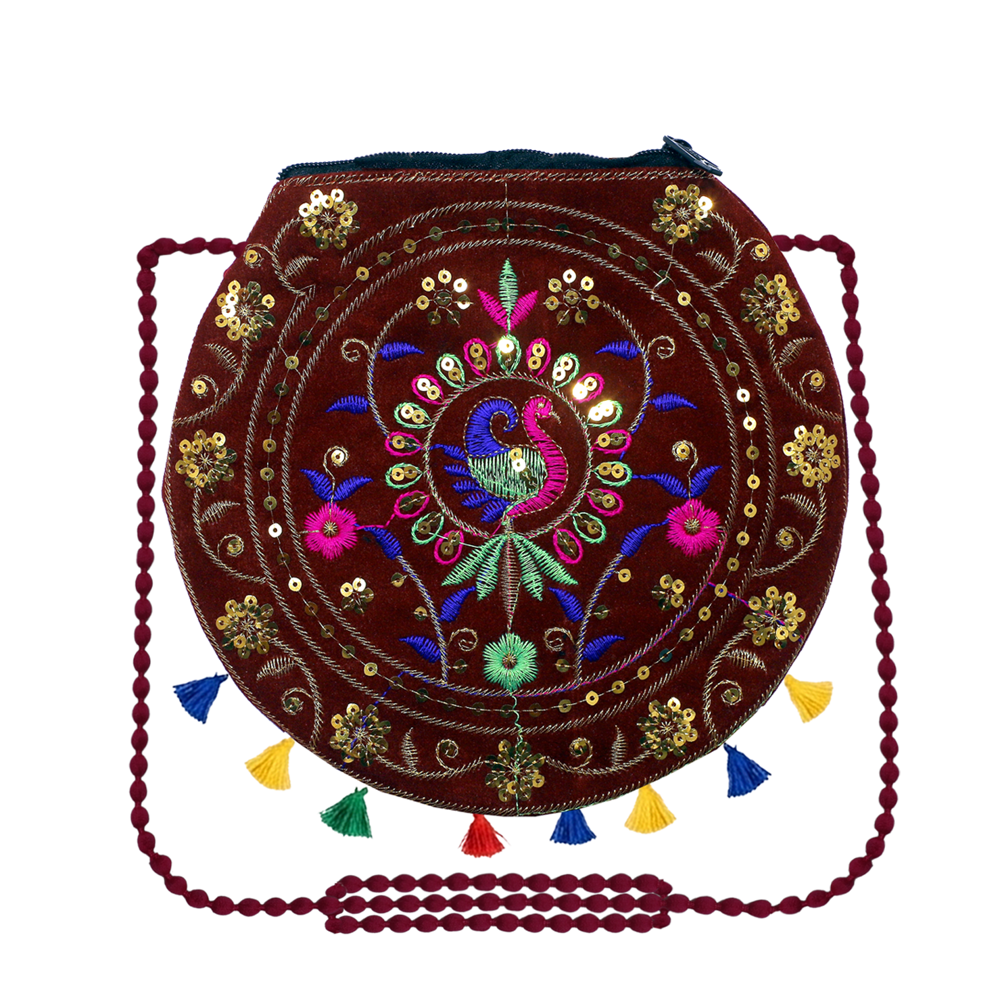 Women Embroidered Sling Bag with Colorful Tassels  1