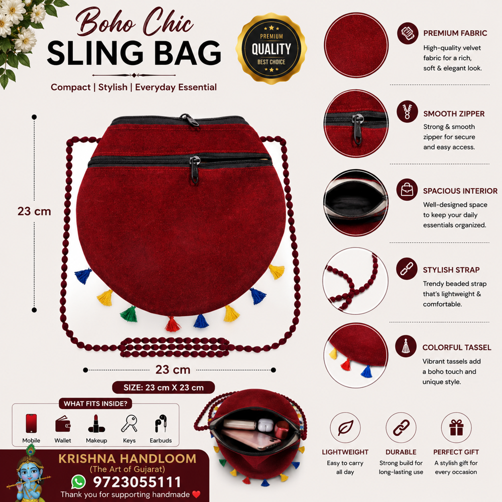 Designer Hand Embroidered Sling Bag For Girls 3 - Color: Maroon