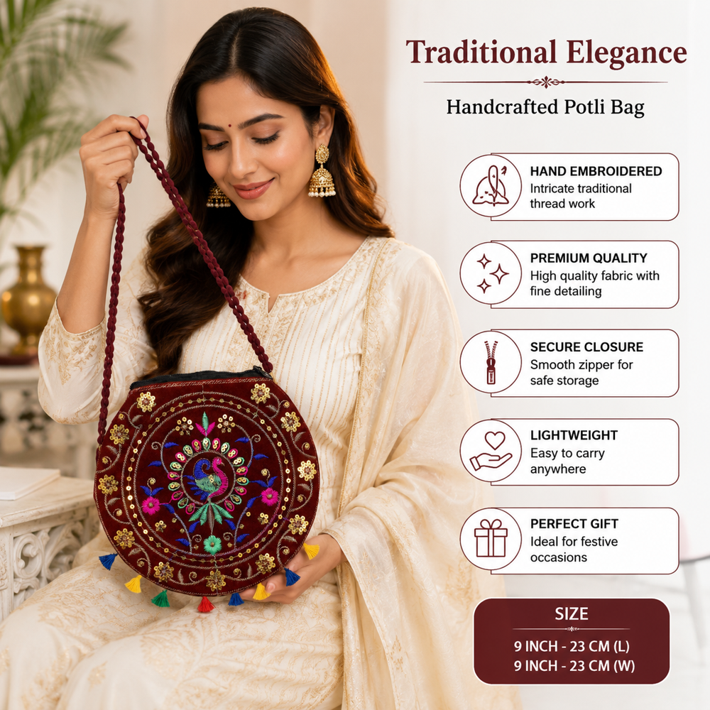 Embroidered Sling Bag With Sequin Work - Color: Maroon