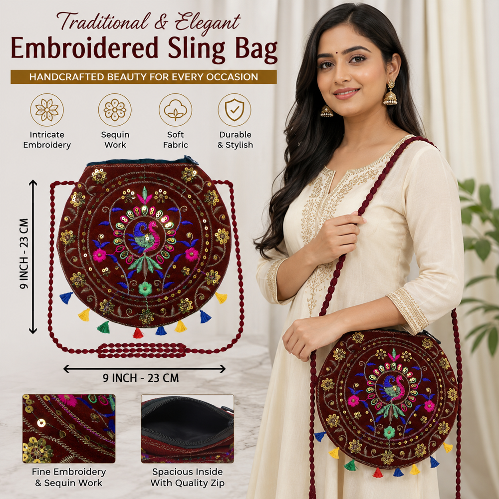 Premium Embroidered Sling Bag For Ladies - Color: Maroon