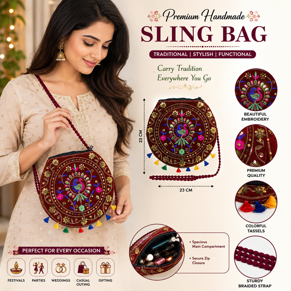 Traditional Sling Purse With Tassels - Color: Maroon
