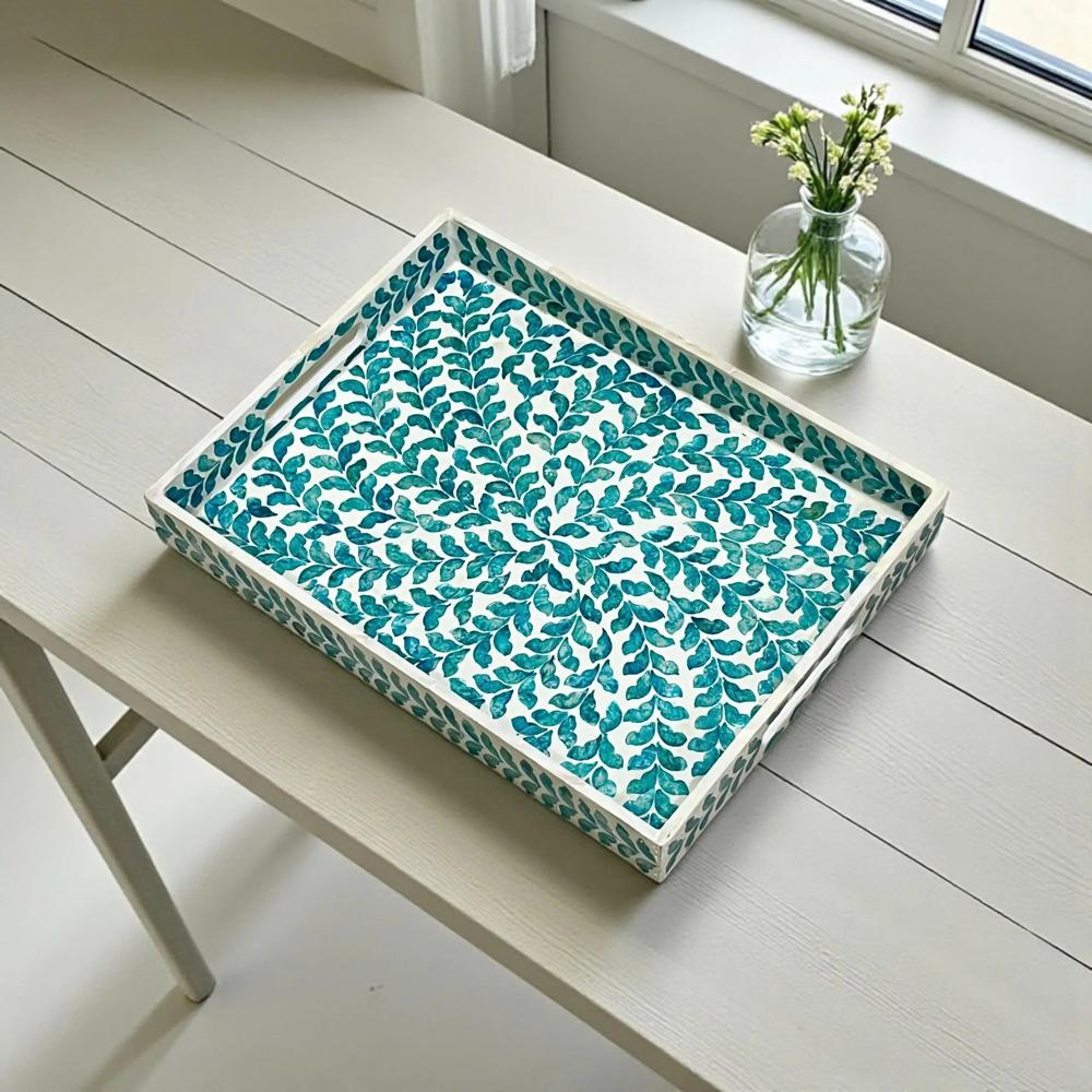 Age-Mop-024 Mother Of Pearl Tray - Color: Blue & White Pattern