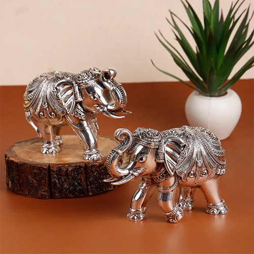 Vastu Trunk Up Elephants Idol Set of 2 Antique Silver Plated
