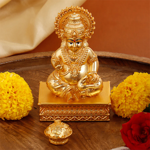 Gold Plated Kuber Ji Idol  3.5 Inch  Wealth & Prosperity Symbol for Home & Office