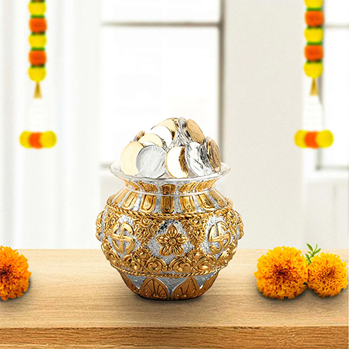 Kuber Coin Kalash Gold & Silver Plated  Symbol of Wealth & Prosperity (5 inches)