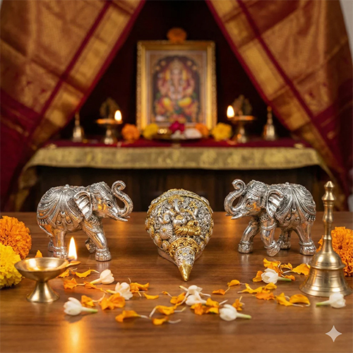 Ganesh Shankh (5 Inch) + Vastu Elephant Pair (Silver Plated)