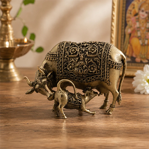 Brass Kamdhenu Cow with Calf Idol