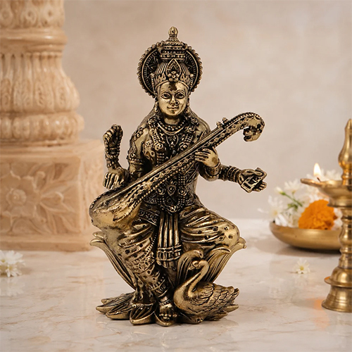 Brass Saraswati Ji Idol  Idol of Wisdom & Arts for Home, Study & Gifting