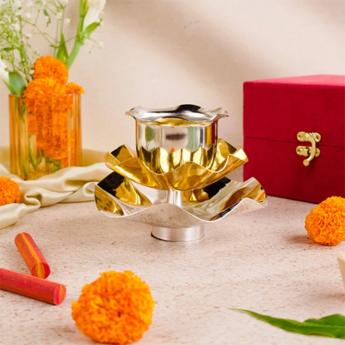 Divine Lotus Diya -Layered Brass Lamp in Gold & Silver Finish