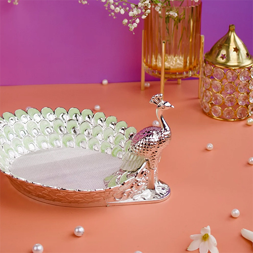Silver Enamel Peacock Platter  Luxurious Decorative & Gifting Tray