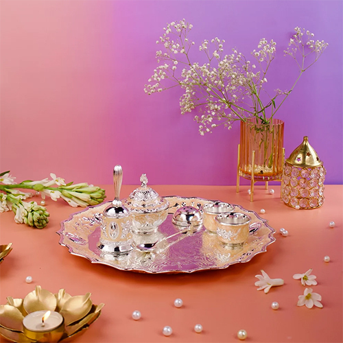 Elegant Puja Thali  Enamel & Silver Plated Divine Set