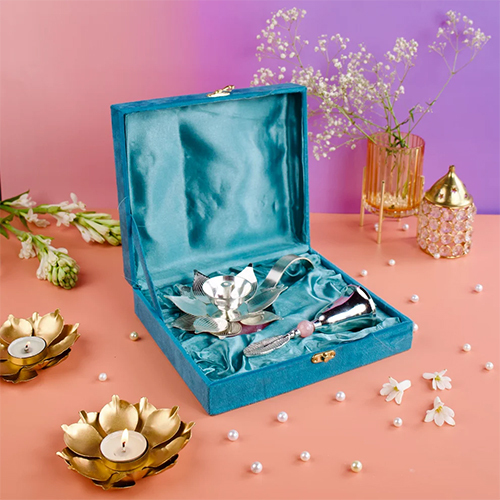 Brass Pink Enamel Silver Plated Diya & Bell Set  Elegant Festive Gift for Puja & Home