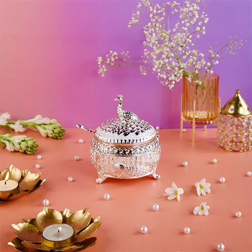 Peacock Enamel Round Sugar Pot  Silver Plated