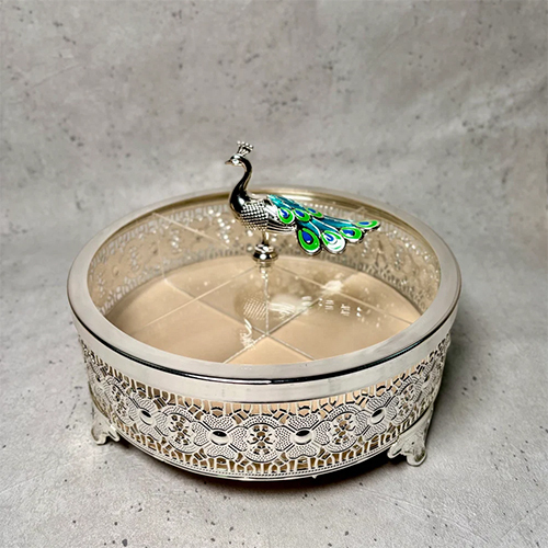 Peacock Dryfruit Box  4 Compartment Silver Gift Box