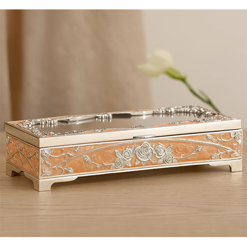 Silver Enamel Peacock Box with Transparent Lid