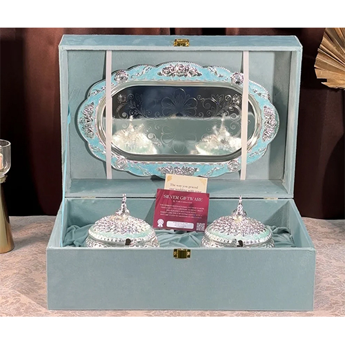 Silver Enamel Peacock Sugar Pots Set of 2 with Tray in Velvet Box