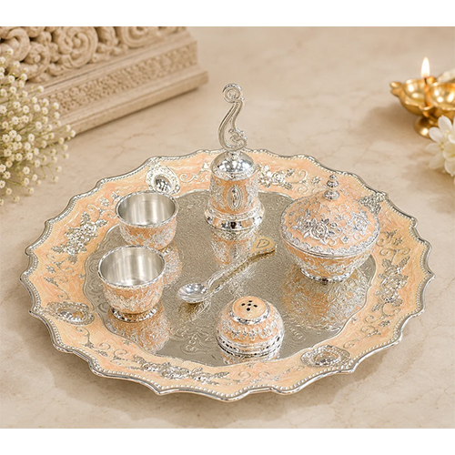 Luxury Silver Plated Meenakari Pooja Thali Set with Premium Leather Box