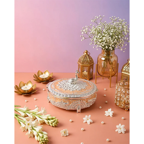 Royal Peacock Silver Enamel Dry Fruit Box  Luxury Silver Plated Dry Fruit Gift Box for Wedding Return Gifts & Festive Gifting