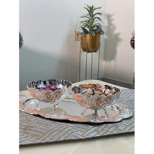 Silver Enamel 2 Bowls with Tray Combo