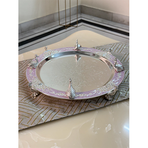 Silver Enamel Peacock Serving Tray