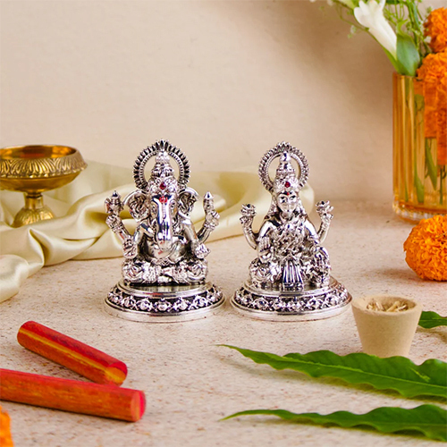 999 Silver Plated Ganesh Lakshmi Ji Idol Set  3.5 Inch