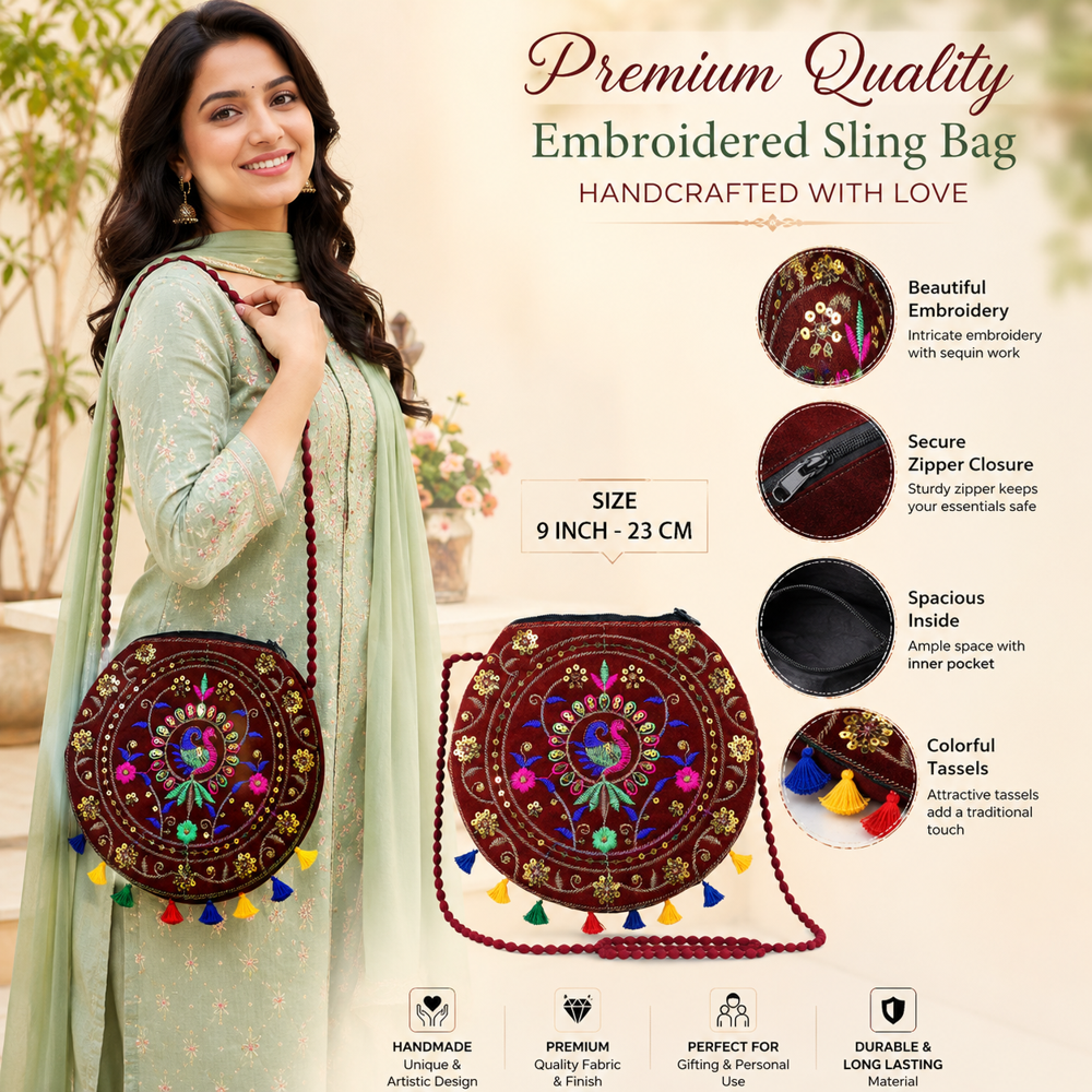 Sequin Embroidery Sling Bag For Women - Color: Maroon