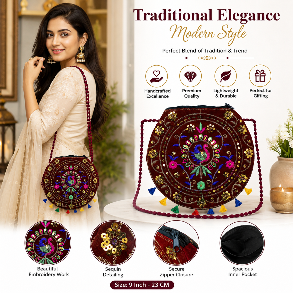 Hand Embroidery Round Sling Bag