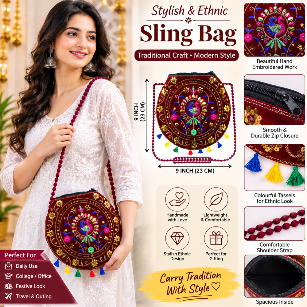 Designer Peacock Sling Bag For Ladies - Color: Maroon