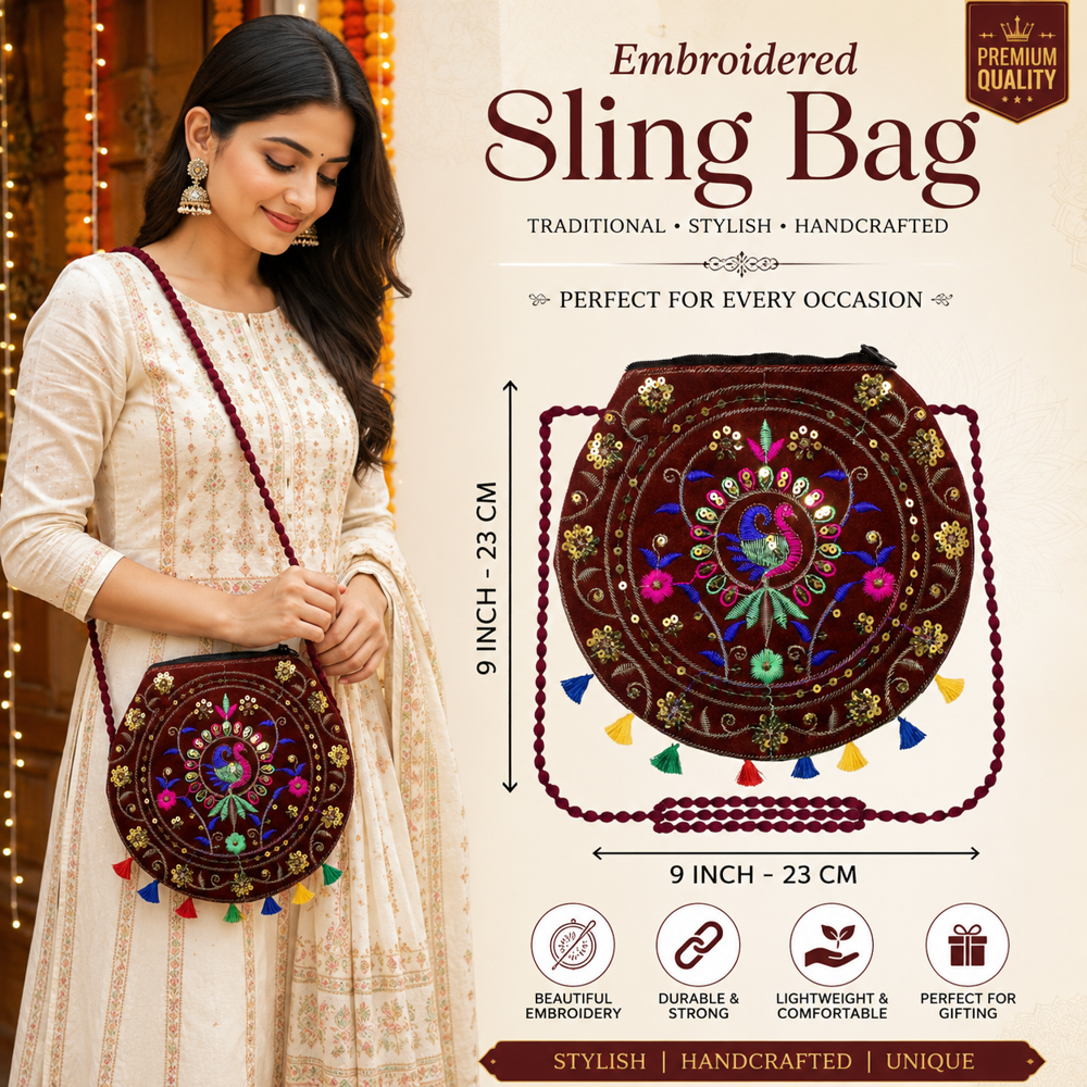 Women Stylish Maroon Sling Purse - Design: Traditional