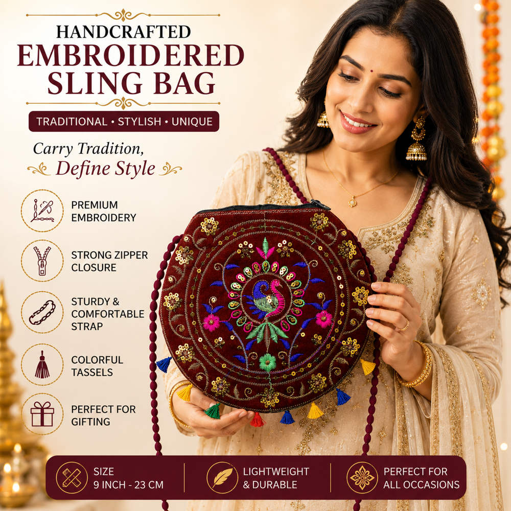Ethnic Handcrafted Sling Purse For Girls - Color: Maroon
